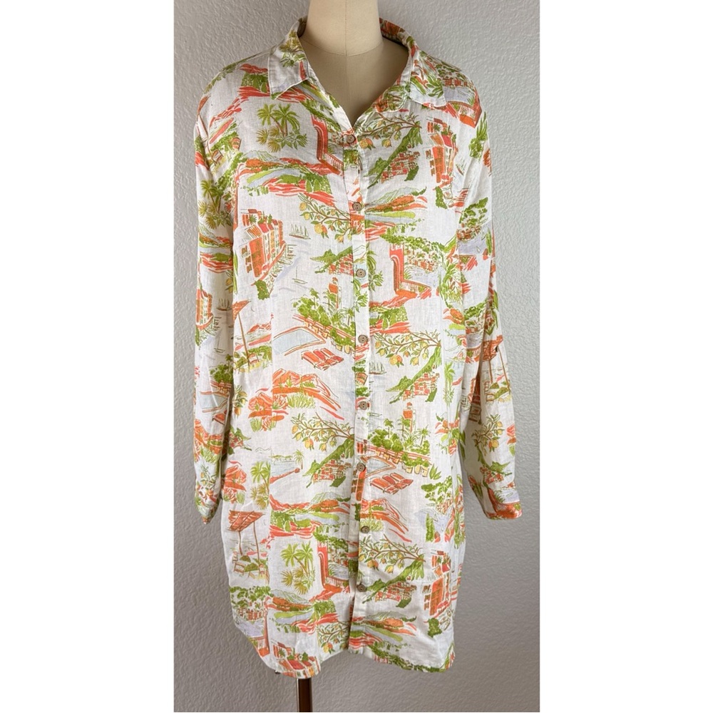 Cynthia Rowley Women’s Surfer Tropical Beach Tunic Shirt Dress Linen Blend Large